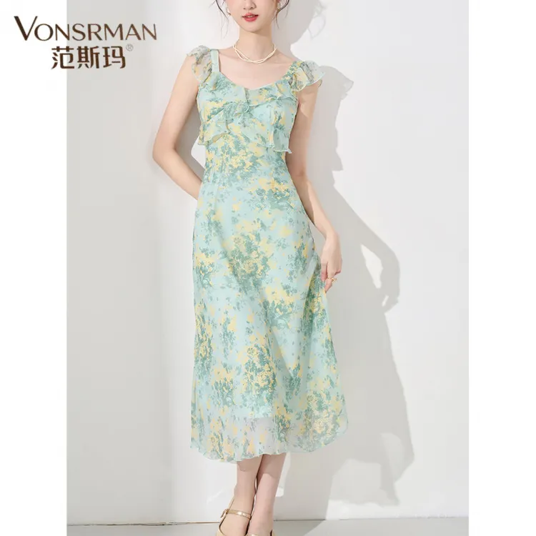 小众设计连衣裙女夏季2025新款法式气质收腰超好看中长款印花裙子