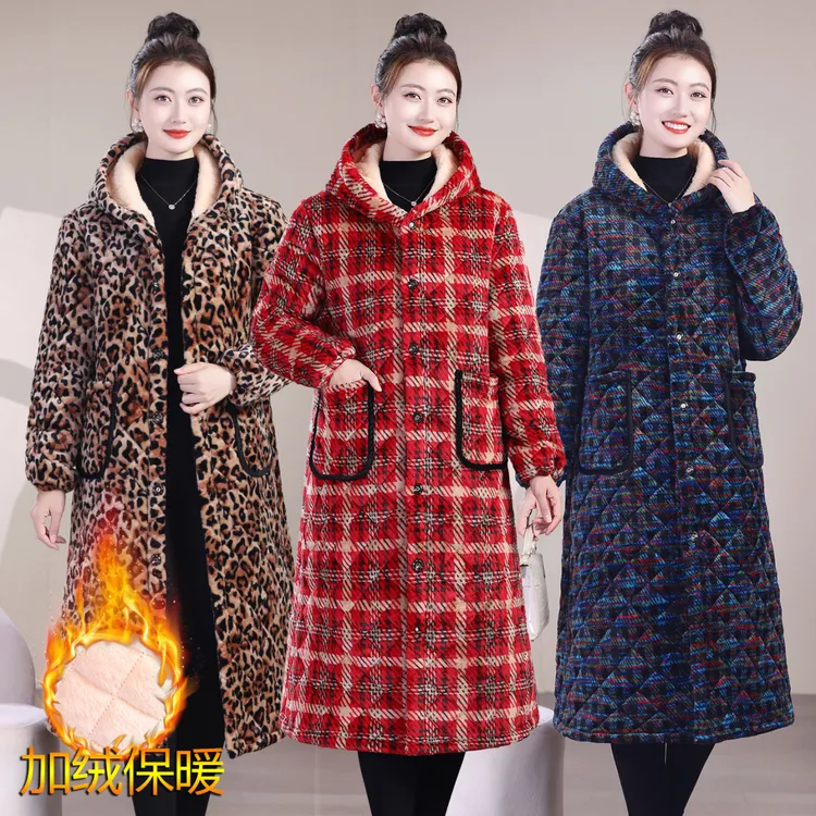 棉服棉衣女加绒加厚长款过膝盖大衣妈妈冬装加厚保暖连帽罩衣