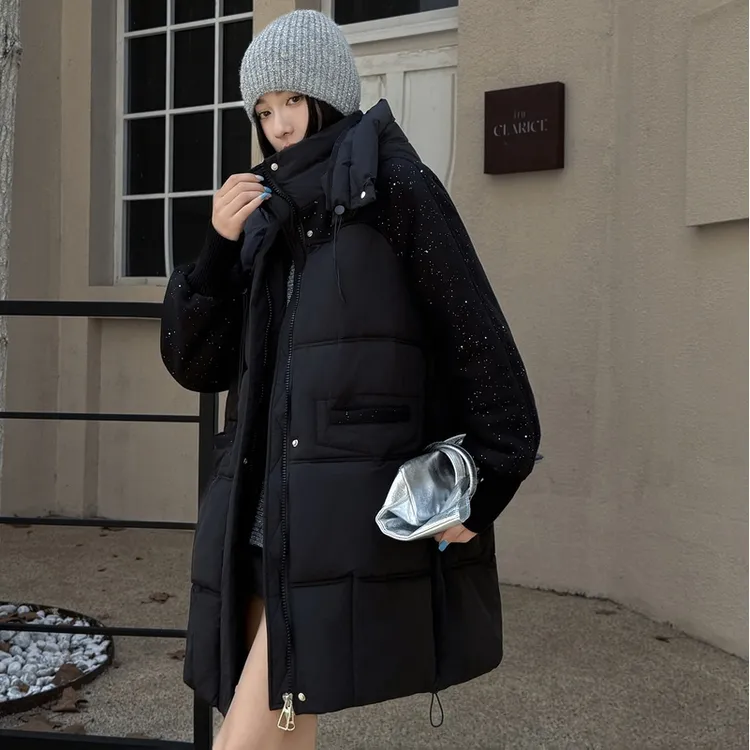 2025新款中长款满天星毛呢拼接保暖衣蓄热棉服外套宽松显瘦修身