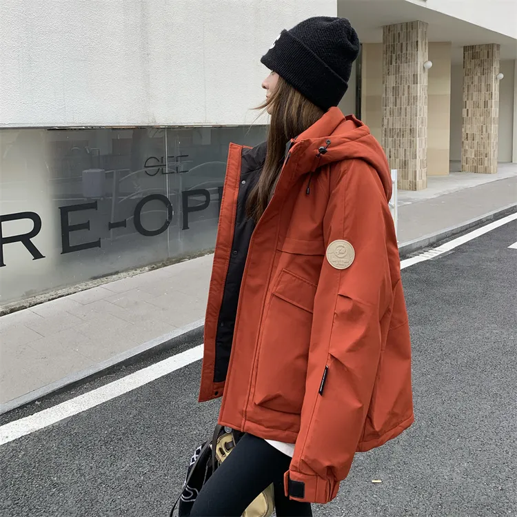 橘红色工装派克服女冬季羽绒棉服高级感小个子流行冲锋衣式棉衣