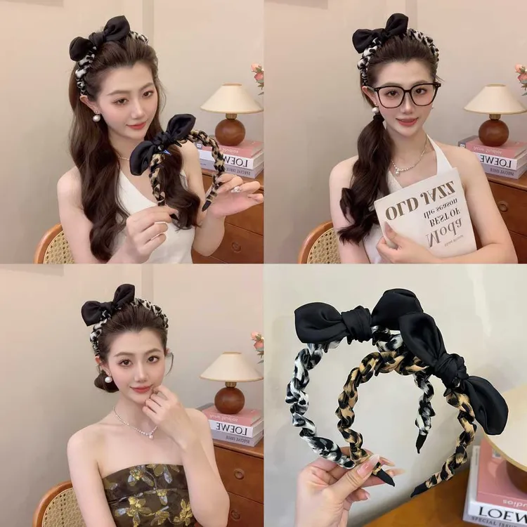 复古韩风新款豹纹蝴蝶结发箍日常拍照高颅顶洗脸头箍发卡发饰