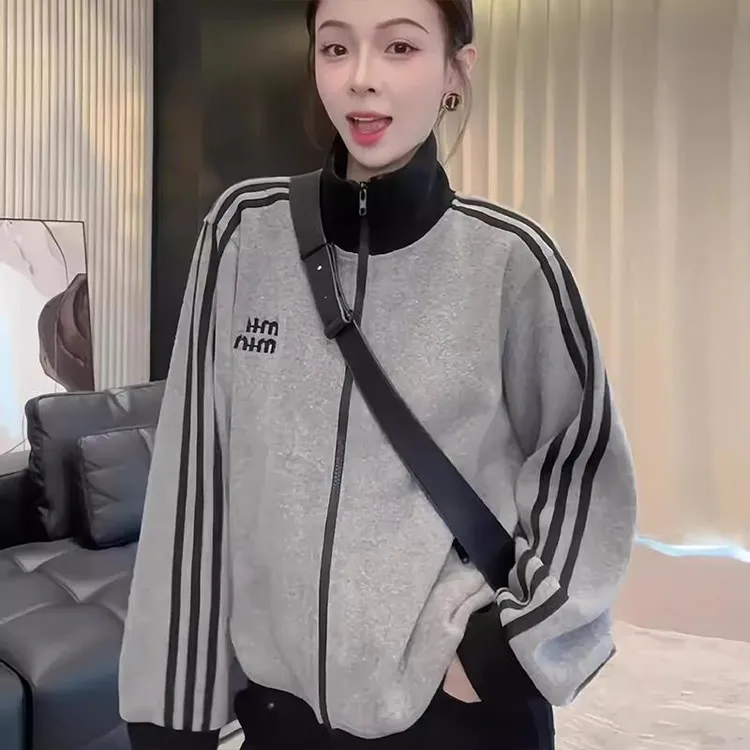 立领拉链三条杠卫衣开衫女2025春秋季新款慵懒风休闲宽松短款外套