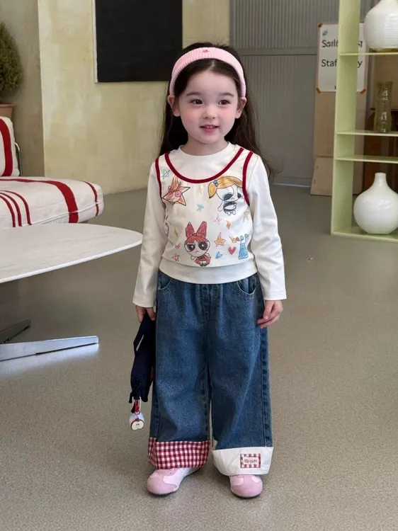 女童2025秋季新款童装儿童小女警假两件长袖T恤+牛仔阔腿裤子套装