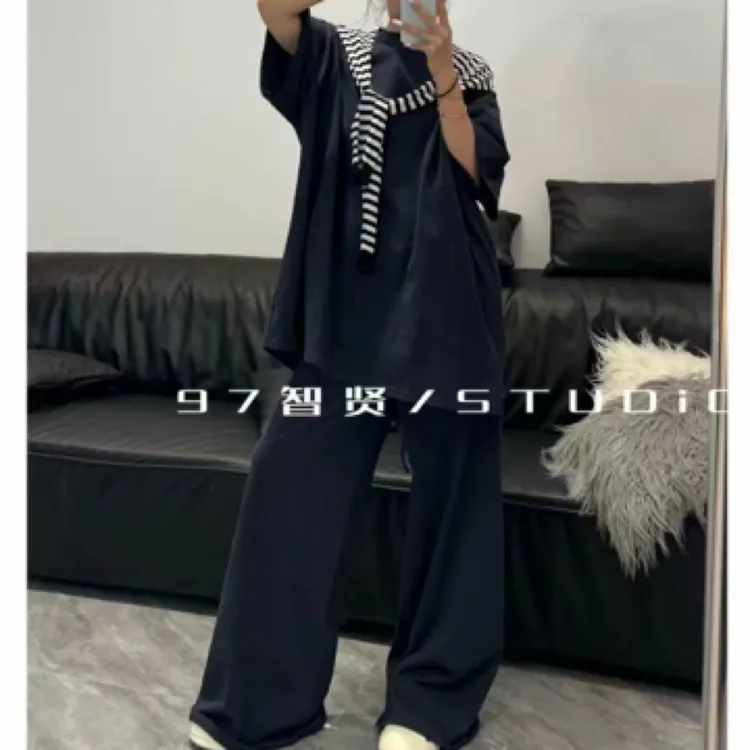 大码学院风套装条纹披肩短袖两件套女胖mm夏季休闲套装（带披肩）