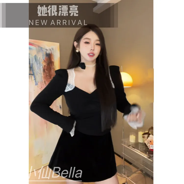 【胖小仙】<她很漂亮>法式蕾丝修身型拼接打底衫微胖显瘦大码