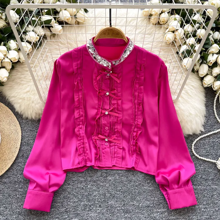 法式轻熟风亮片立领长袖缎面衬衫女木耳边拼接单排扣显瘦百搭上衣