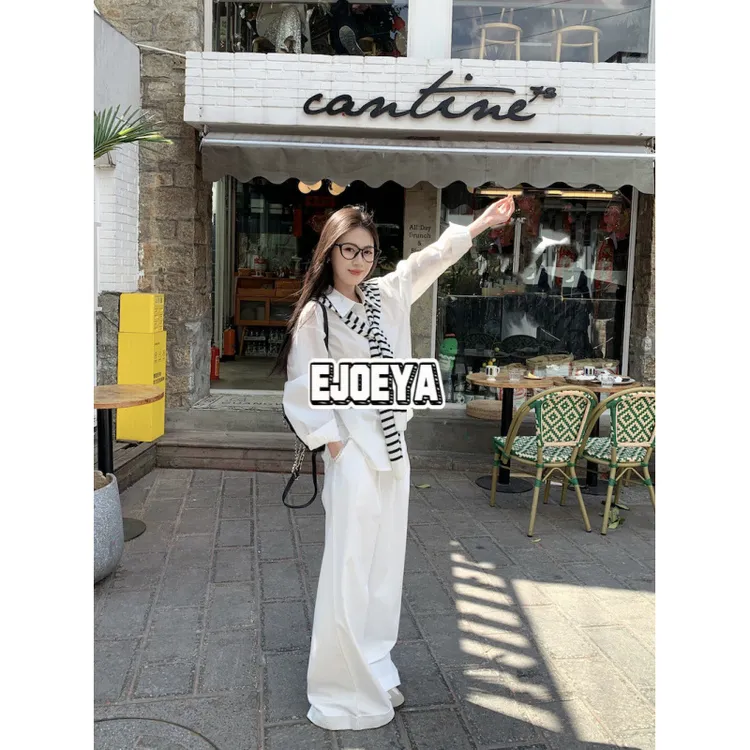 EJOEYA春季新款衬衫女设计感韩系通勤百搭衬衣+白色休闲裤女