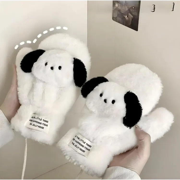 秋冬季保暖防寒加绒加厚挂脖连指手套女帕恰狗户外毛绒手套可爱风