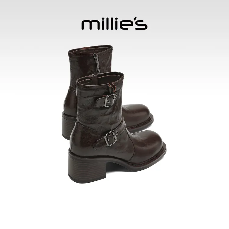 millies妙丽女鞋厚底加绒烟筒靴2025年冬季新款百搭时装短靴女靴