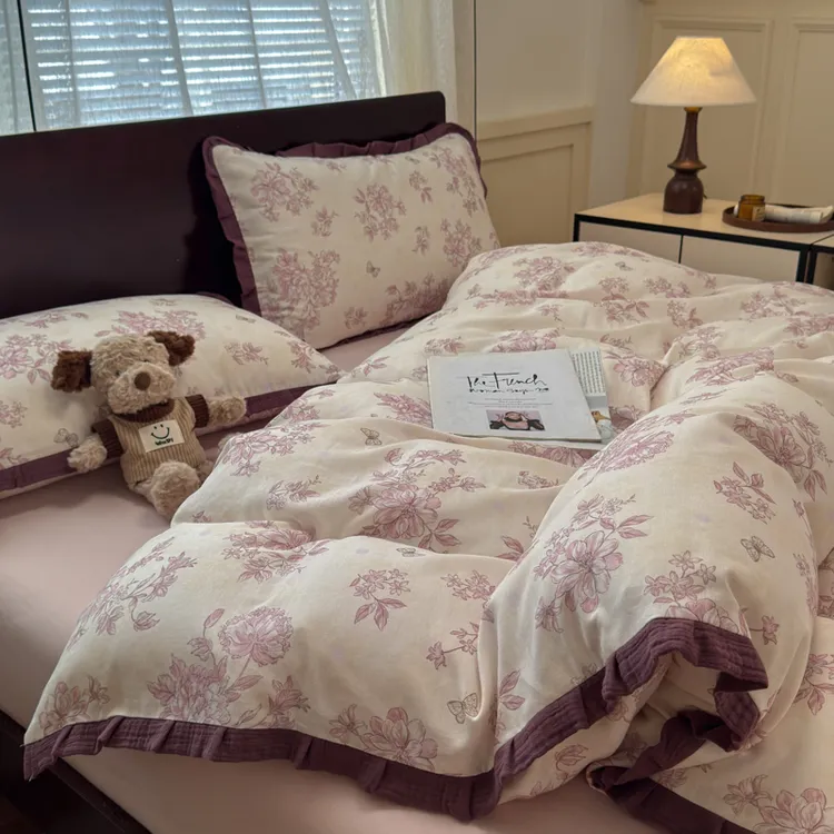 A类柏林花事双层纱皱皱花边床上四件套纯棉100%全棉被套床单床笠