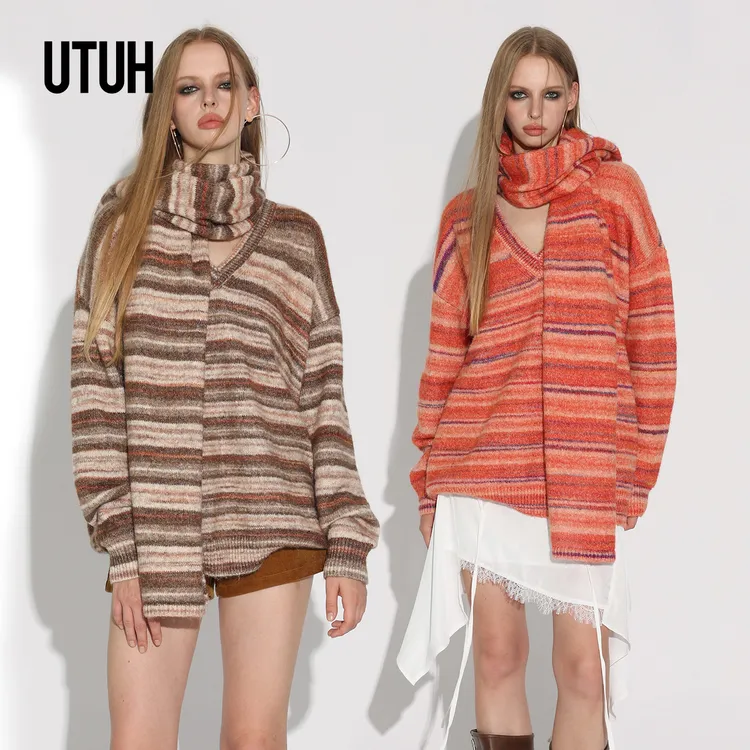 UTUH咖 /橘渐变v领针织上衣宽松慵懒感优雅新款配:围巾TDWWW2Z482