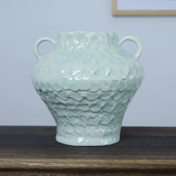 Y景德镇手工陶瓷花瓶双耳花瓶花瓶摆件高档客厅天青双耳龙鳞纹