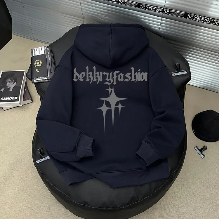 美式趣味印花藏青色卫衣秋冬季男女款加绒加厚连帽套头无口袋上衣