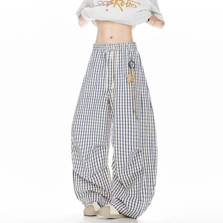 裤子男款爆款2025新款直筒宽松格子薄款弯刀垂感阔腿长格子裤直筒