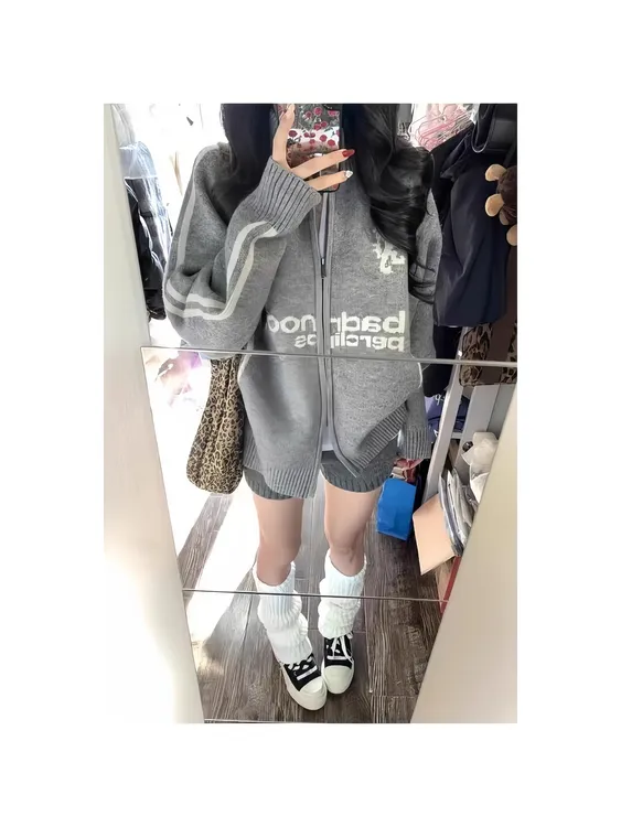 早秋季美式oversize翻领拉链针织衫女慵懒风设计宽松显瘦外套上衣