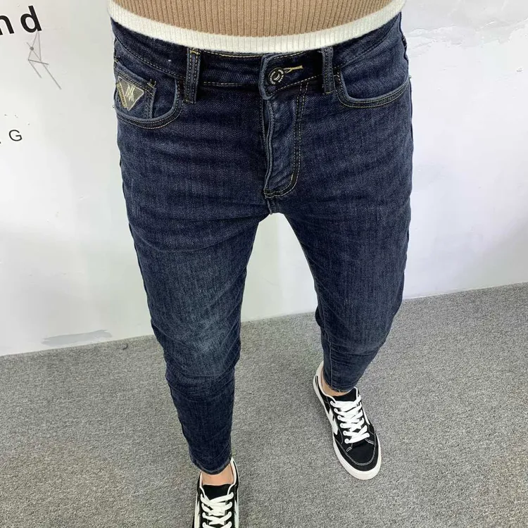 弹力百搭牛仔裤男秋季爆款高端修身小脚美式刺绣复古蓝灰色九分裤