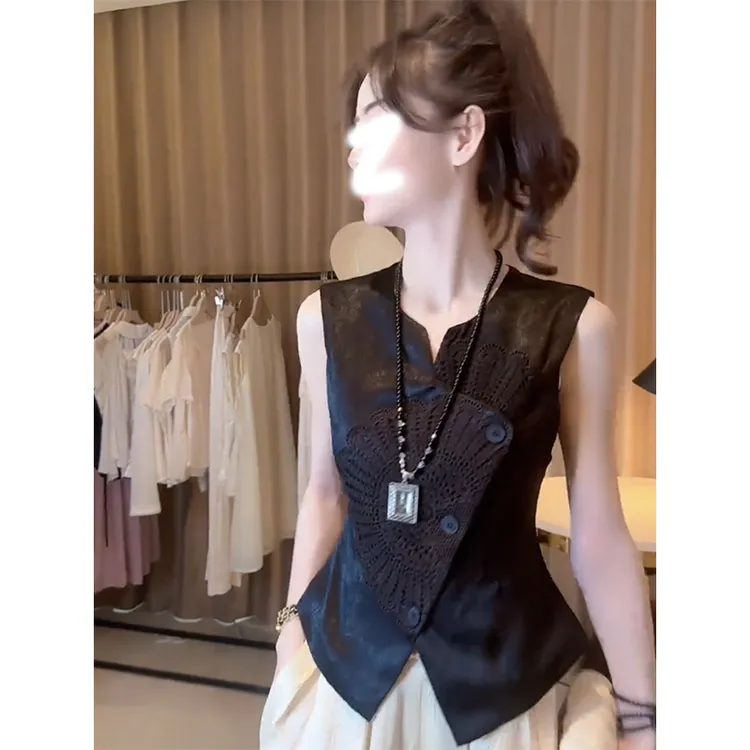 高级感新中式国风纯色提花纽扣无袖T恤女夏季2025新款减龄ins上衣