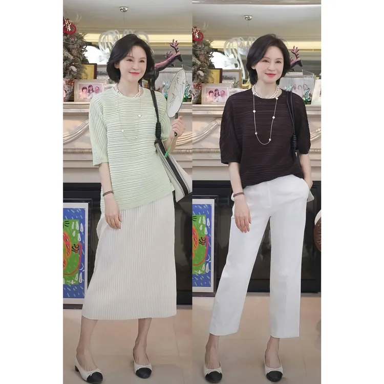 我是摩羯 莫吉托 三宅风褶皱STL18针棉圆领短袖秋针织上衣