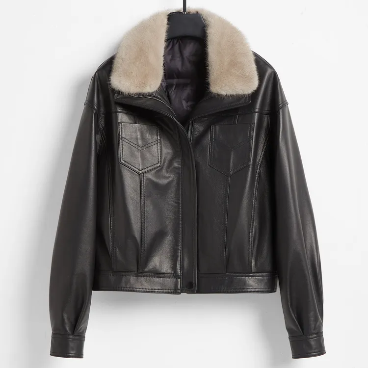 歌珞伊8825-3冬季海宁真皮皮衣女羽绒服白鹅绒绵羊皮短款翻领外套