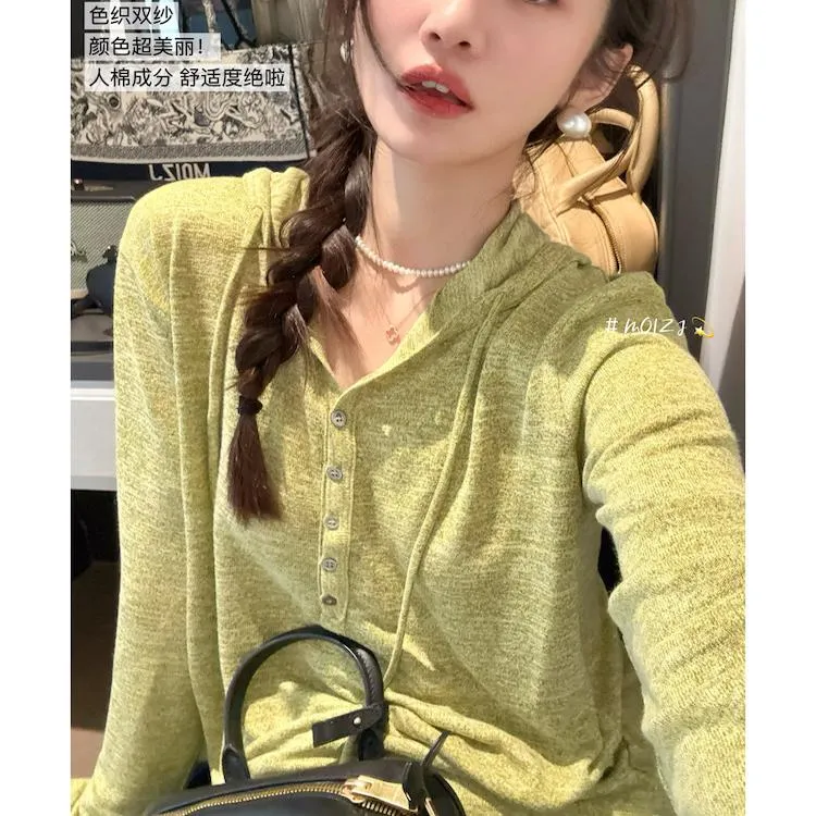 早秋女装网红洋气小众炸街高级感纯欲慵懒风宽松连帽长袖T恤上衣