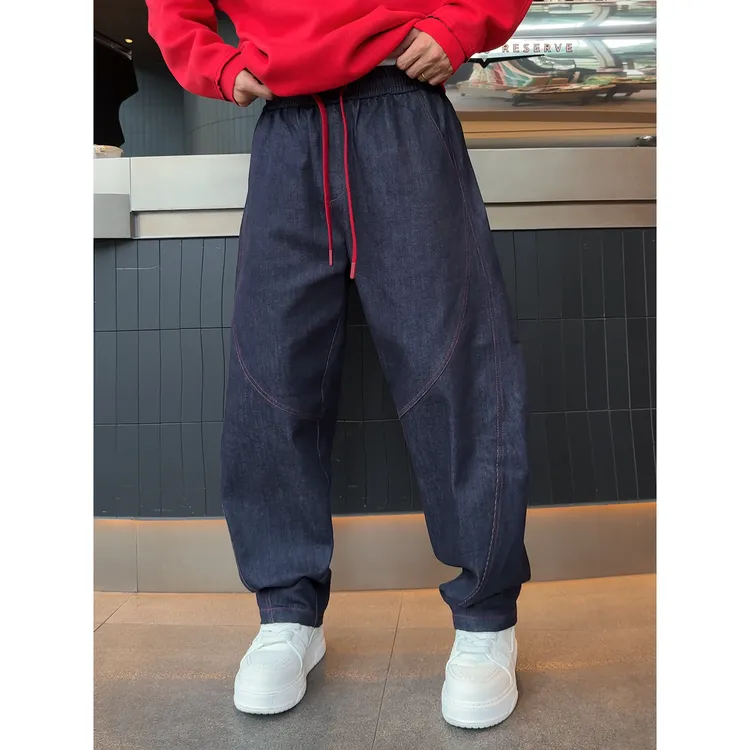 YULE语乐 866不褪色撞红线弯刀牛仔裤冬季抓毛加厚休闲普洗阔腿裤