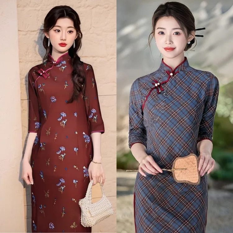中袖旗袍2025新款夏年轻款气质文艺日常新中式七分袖连衣裙长款