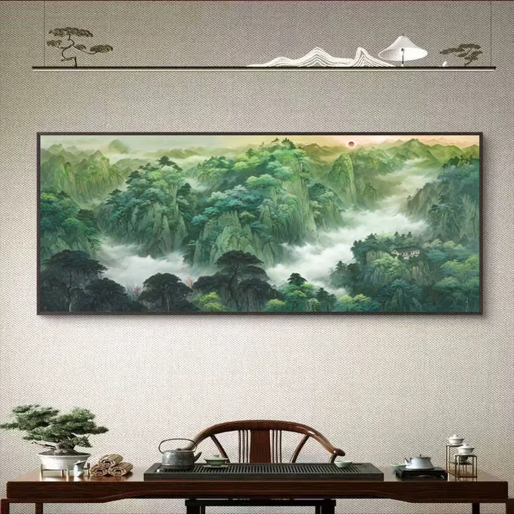 新中式旭日东升客厅装饰画青山图大气沙发背景墙铝合金边框壁画