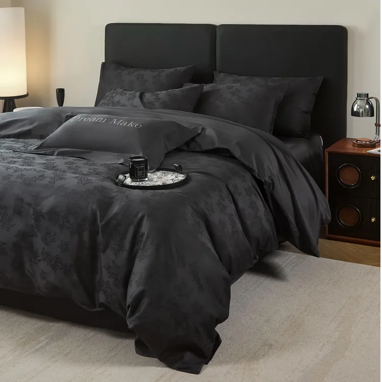 轻奢高级感长绒棉黑色四件套全棉贡缎提花床单被套被罩床品四件套