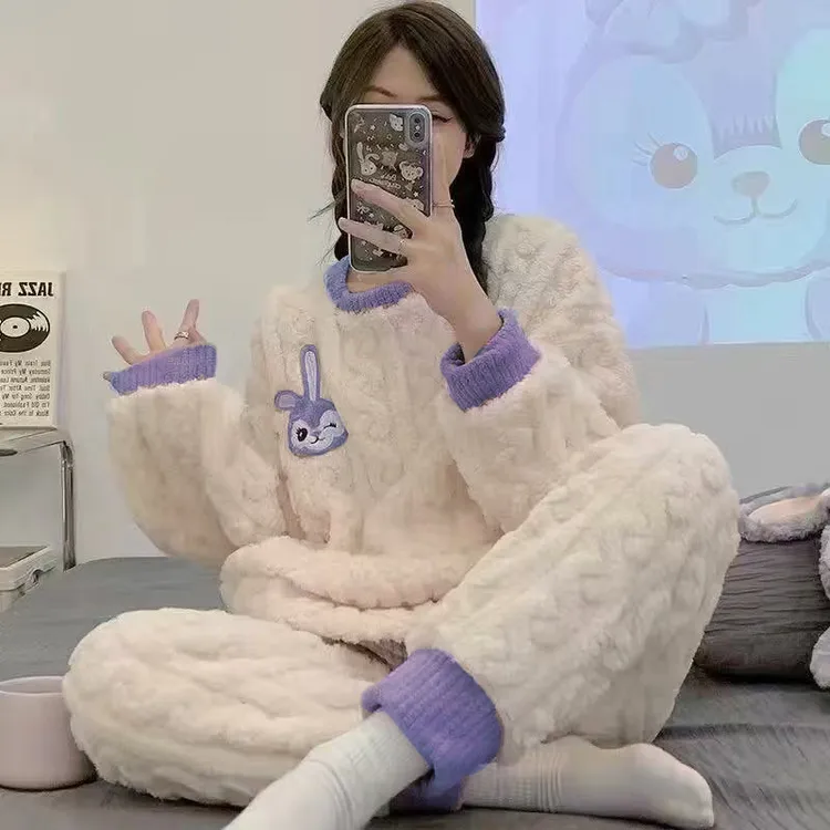 睡衣女秋冬季长袖长裤甜美可爱圆领提花绒保暖加绒卡通家居服套装