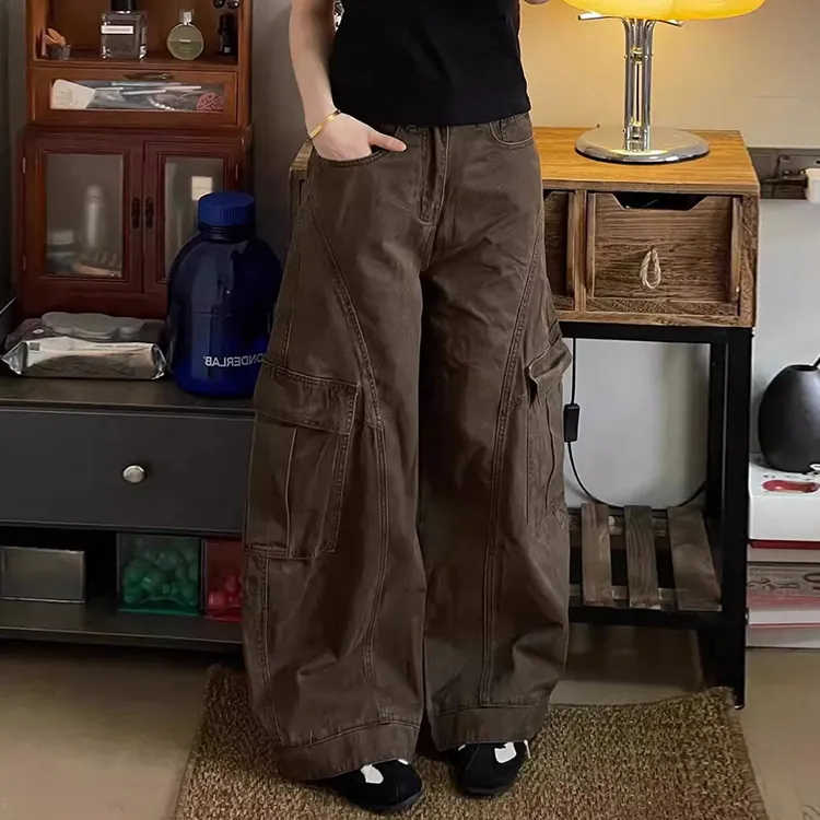 美式复古街头大口袋弯刀工装阔腿裤女秋季宽松休闲显瘦设计感长裤