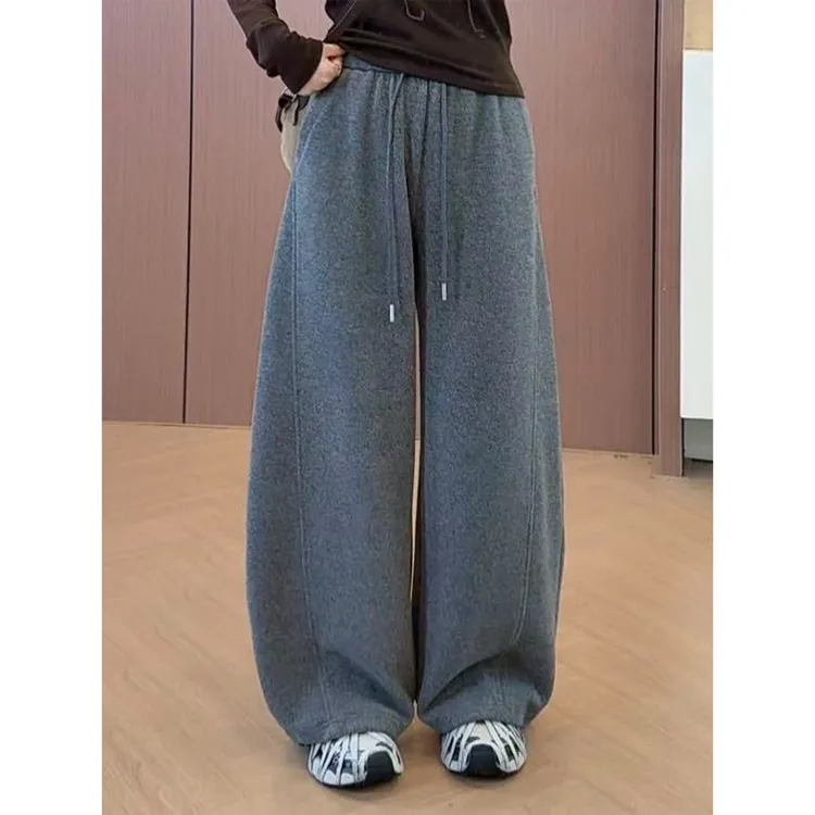 依梅儿加绒羊毛呢阔腿弯刀裤女秋冬2025新款松弛感高腰宽松休闲香