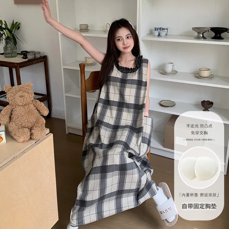 花边圆领长睡裙带胸垫夏季新款云朵棉韩版显瘦睡衣女大码闺蜜装