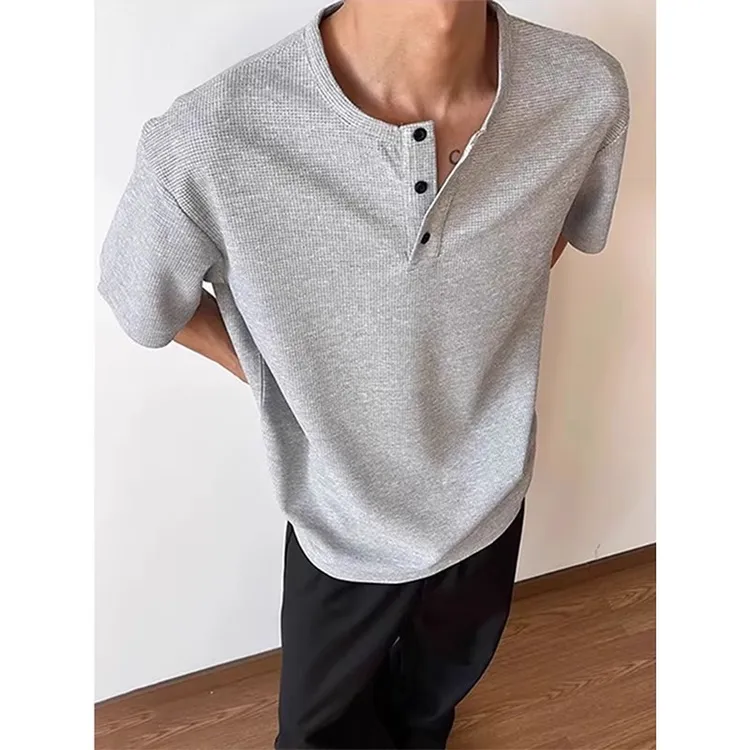 浅灰色美式亨利领短袖男款夏季cleanfit华夫格t恤重磅内搭打底衫