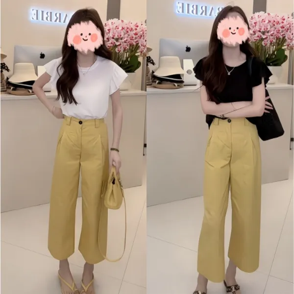 夏季新款甜美法式设计感花朵短袖上衣高腰薄款显瘦百搭九分裤套装