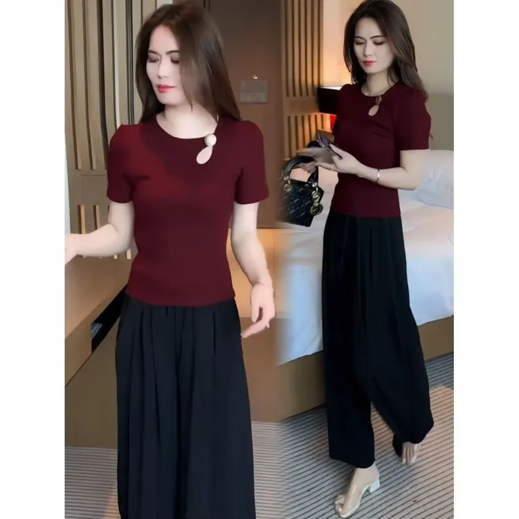 时尚短袖T恤女2025夏季新款洋气修身显瘦遮肚设计感镂空气质上衣