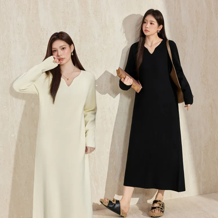 蓝语大码气质V领大衣内搭毛衣连衣裙加厚收腰长款裙子25冬季新款