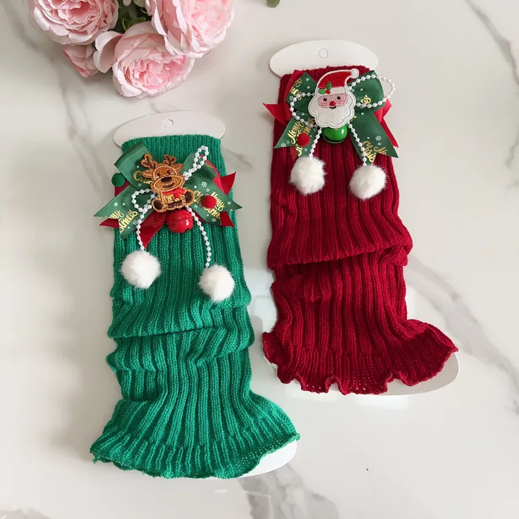 女童圣诞小鹿袜套秋冬儿童双色小腿套洋气女宝宝护腿堆堆绿色袜套