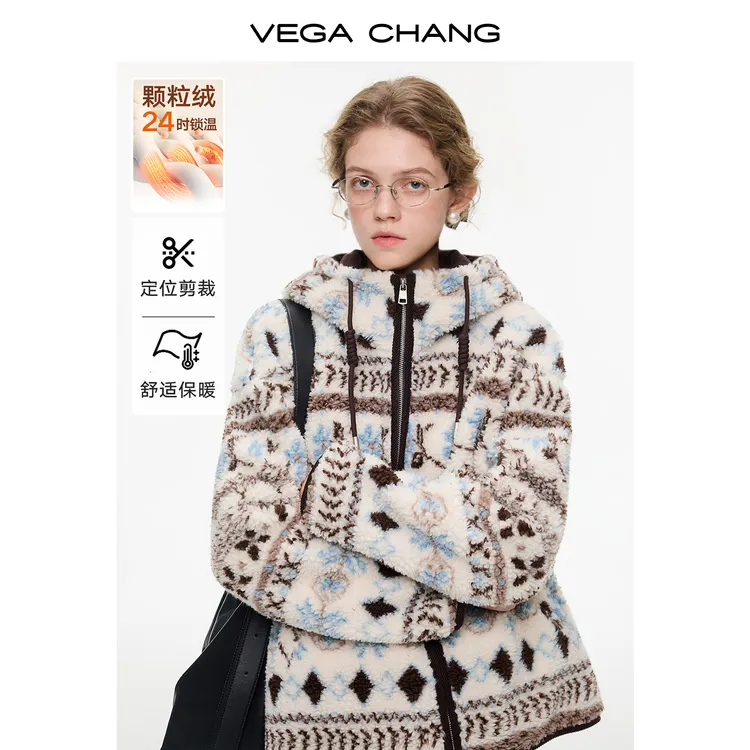 VEGACHANG【北境颂歌】费尔岛连帽毛绒羊羔毛外套0827JQ暖系穿搭