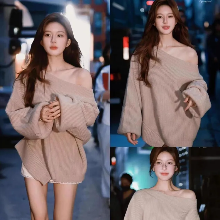 赵露思许研同款一字肩斜肩宽松慵懒设计毛衣长袖不规则针织上衣女
