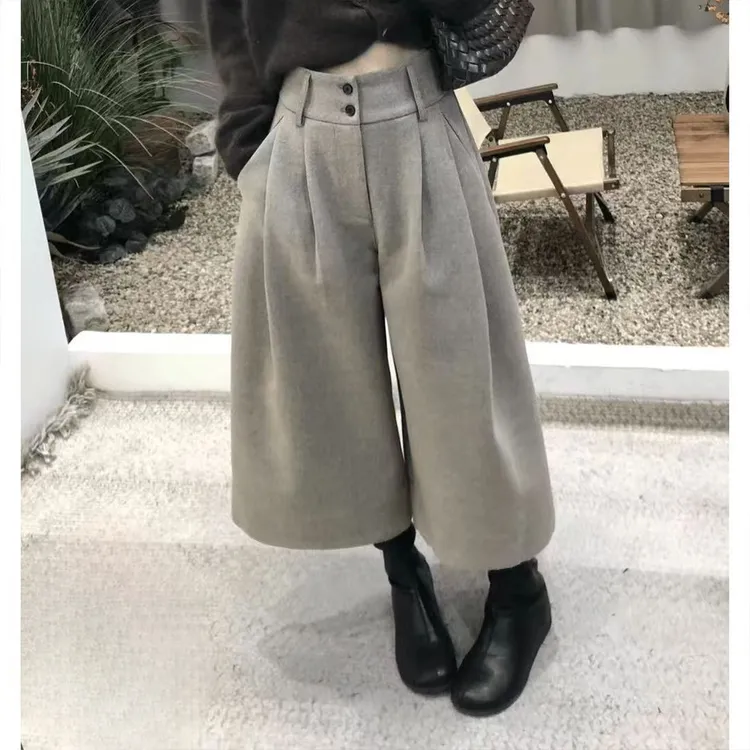 复古老钱风简约八分阔腿裤女秋冬气质百搭高腰显瘦垂感毛呢休闲裤