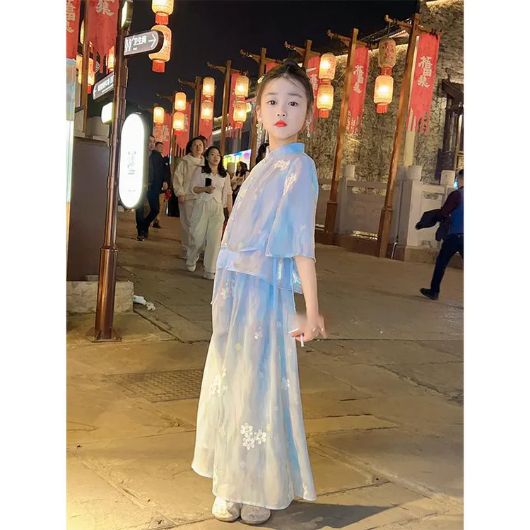 女童装新款中式风格中袖配裙裤两件套装绣花气质夏季复古古风长款