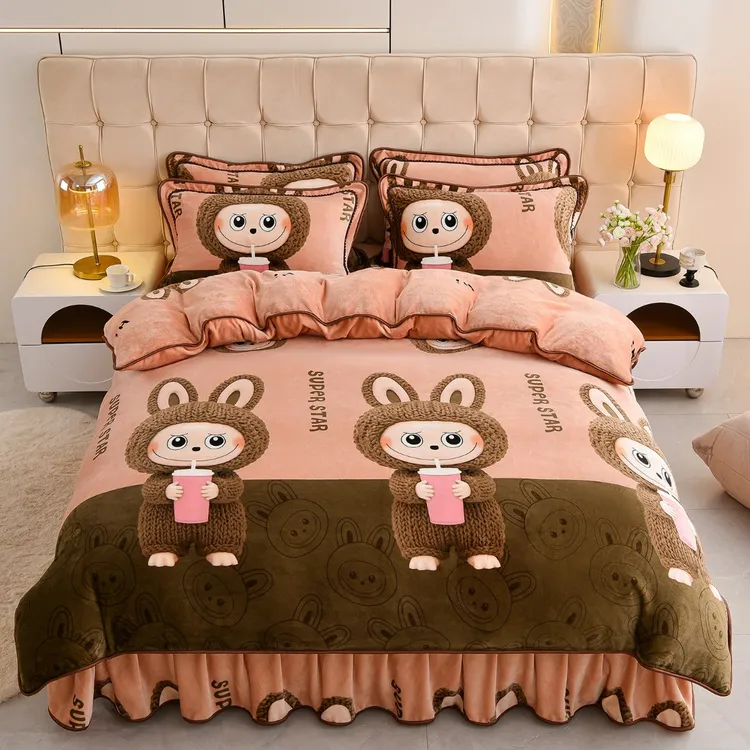 新款加厚牛奶绒四件套保暖加绒法莱金貂双面绒被套床裙款床上用品