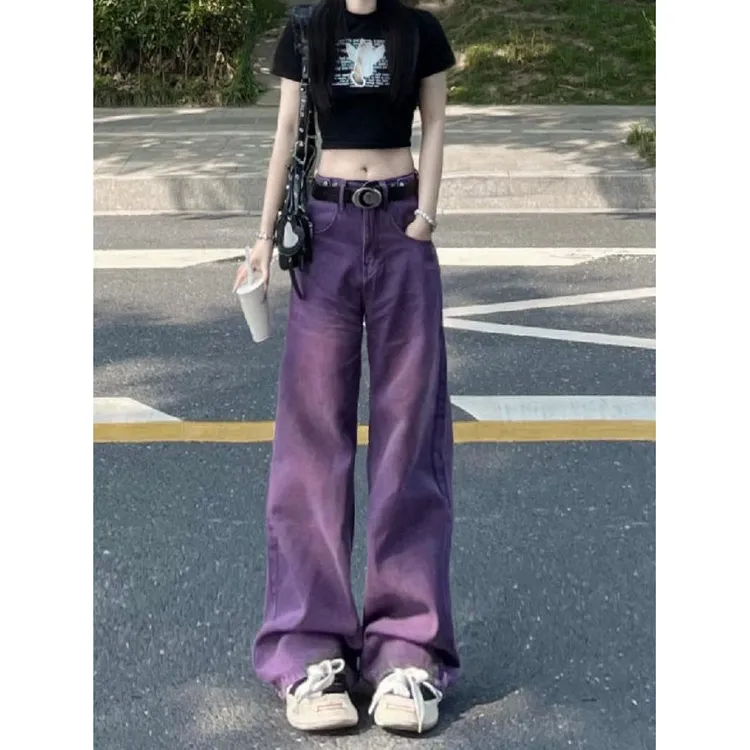 夏季美式高街高腰阔腿紫色牛仔裤女新款宽松显瘦拖地垂坠感长裤潮