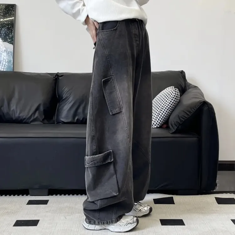 潮牌美式多口袋高街设计感男女牛仔裤宽松阔腿休闲长裤弯刀牛仔裤