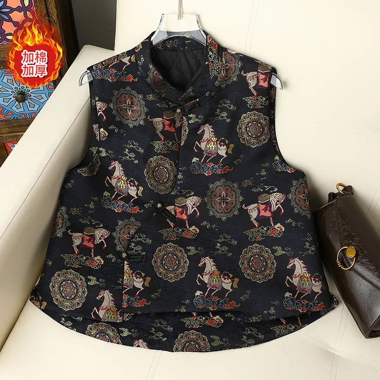 民族风妈妈秋冬装夹棉马甲外套女中老年奶奶冬装国风保暖坎肩背心