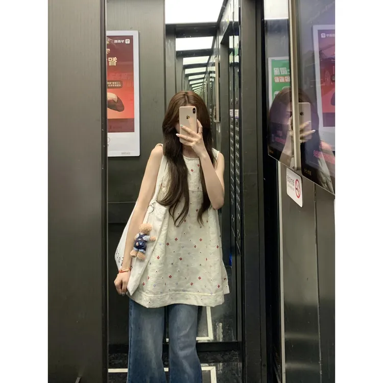 白色花朵印花2025夏季新款小众设计坎肩显瘦外穿无袖背心