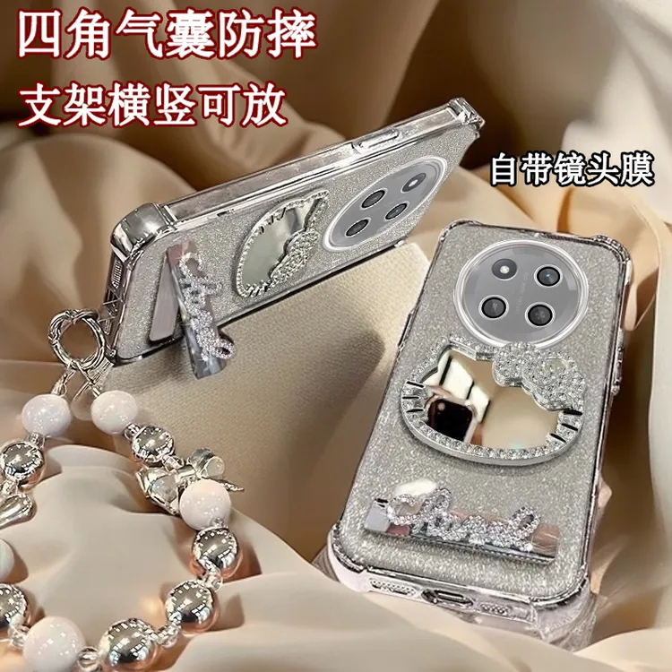 水钻KT猫补妆镜子华为荣耀X60Pro手机壳BRP-AN00四角防摔Honorx60