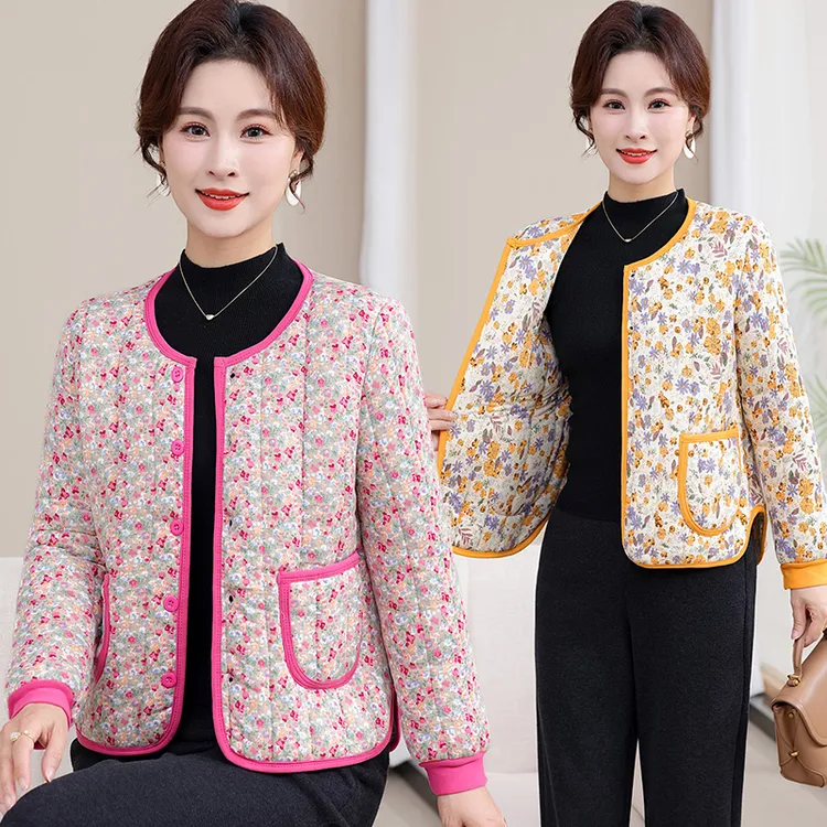 妈妈小香风短外套女中老年女装碎花圆领棉衣气质减龄上衣百搭棉袄