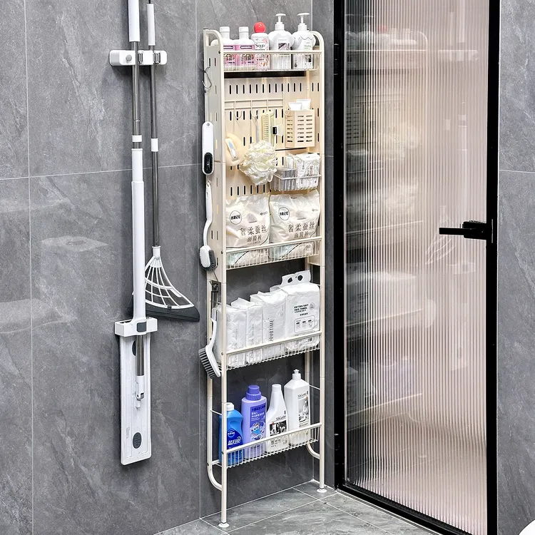 卫生间门后置物架一体靠墙免打孔洞洞板落地多层极窄洗漱品收纳架