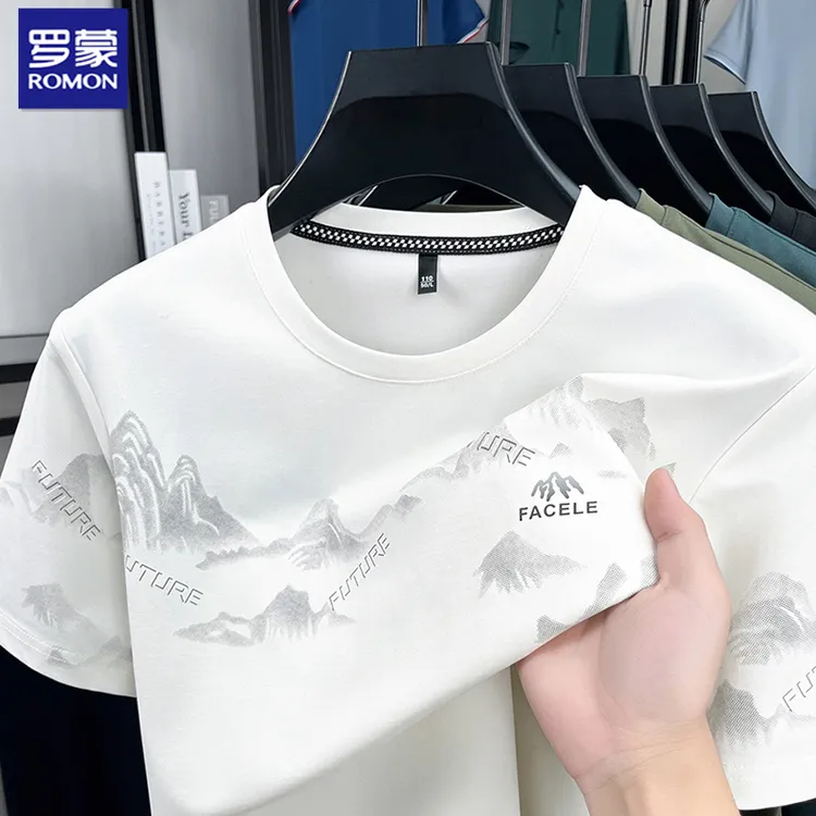 罗蒙休闲夏季圆领印花男士短袖t恤潮流男装时尚罗蒙纯色长袖t恤